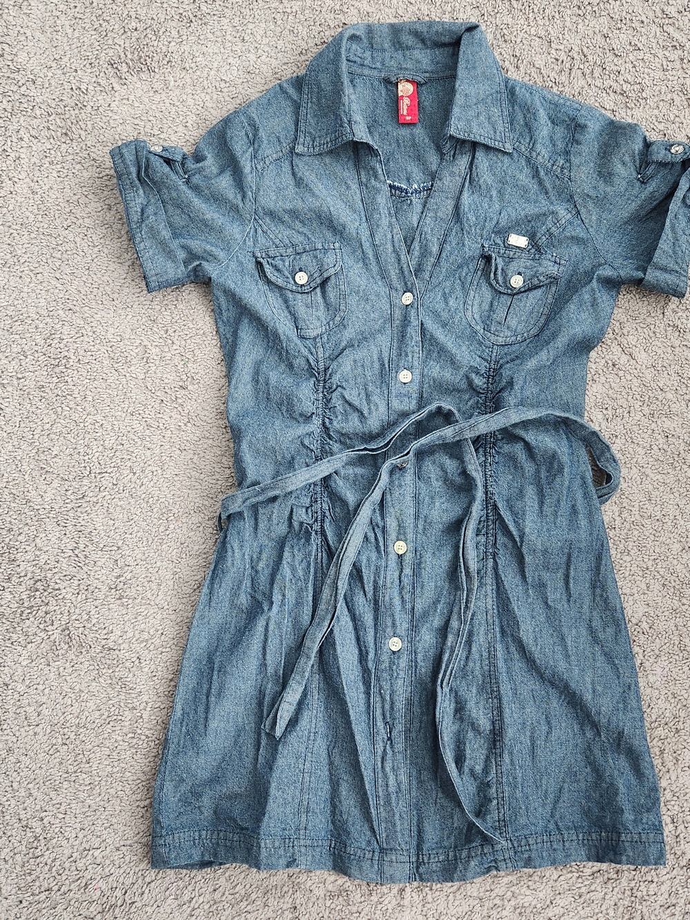 Y2K Apple Bottom Denim Shirt Dress with Waist Tie - Blue